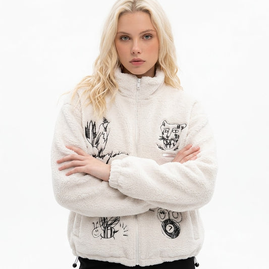Hand-painted Cartoon Lamb Fleece Stand-up Collar Cotton Coat For Women | MuddyStock Originals