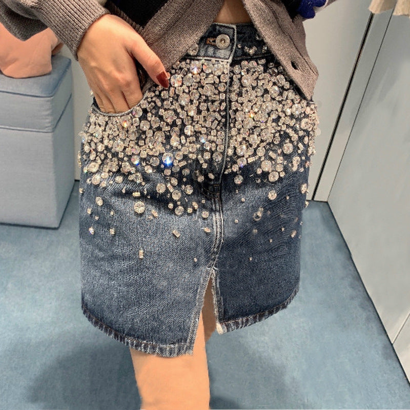 Beaded and diamond front split denim skirt for women All Products