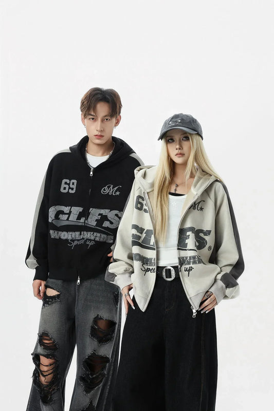 Retro Patchwork Printed Loose Fit Hooded Zip-Up Sweatshirt For Men And Women | MuddyStock Originals MuddyStock