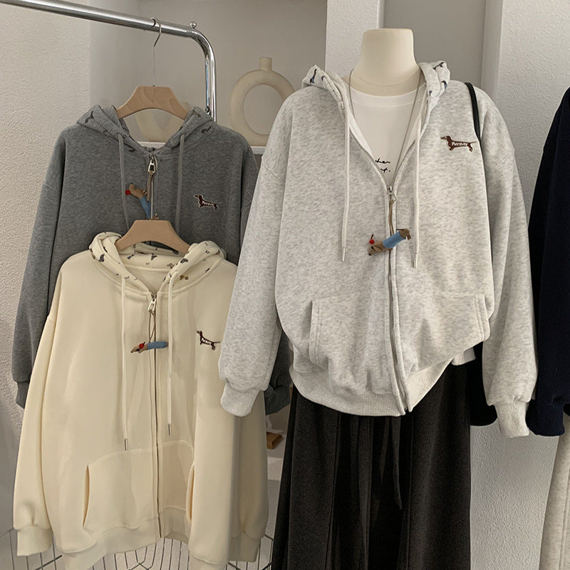 Embroidered Dog Print Hooded Zipper Sweatshirt Jacket Loose Casual Open Front Top eprolo