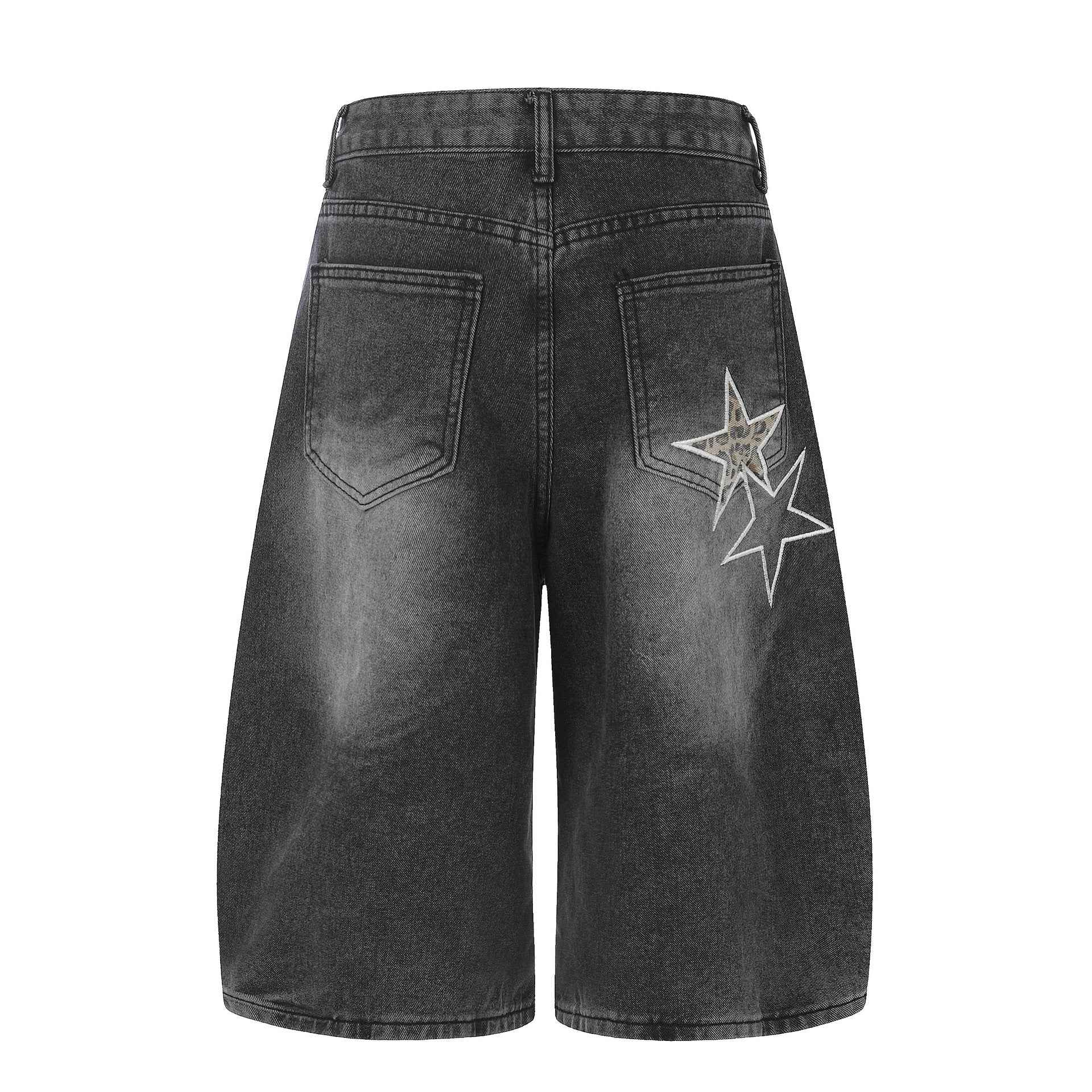 Distressed Leopard Print Star Denim Crop Pants, Loose Wide Leg Washed Casual Mid-Length Shorts