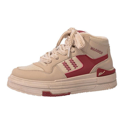 Color blocked high cut thick soled shoes for women Khaki Red (Fleece-lined)