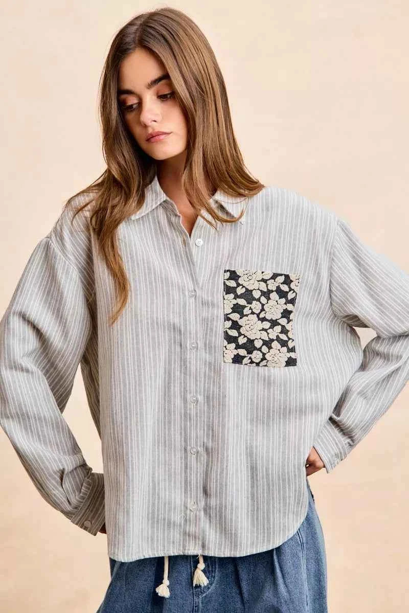 Flower Jacquard Knit Patch Pocket Stripe Shirt For Women Trendsi
