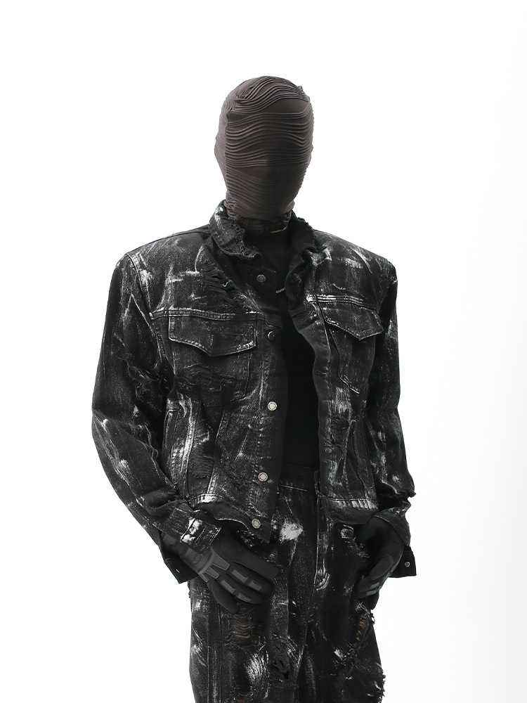 Street Graffiti Washed Make Old Ripped Denim Coat For Men