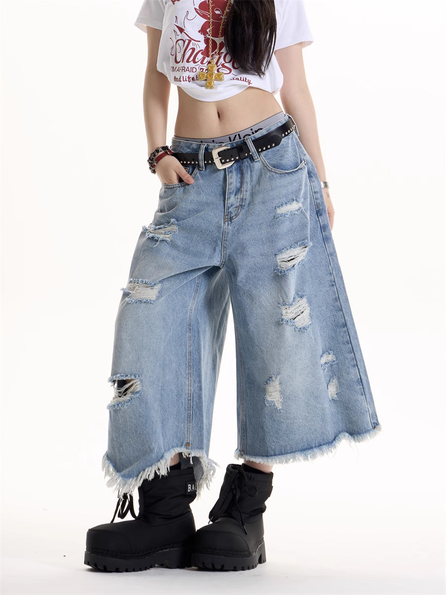 American Retro Ripped Design Cropped Pants For Women