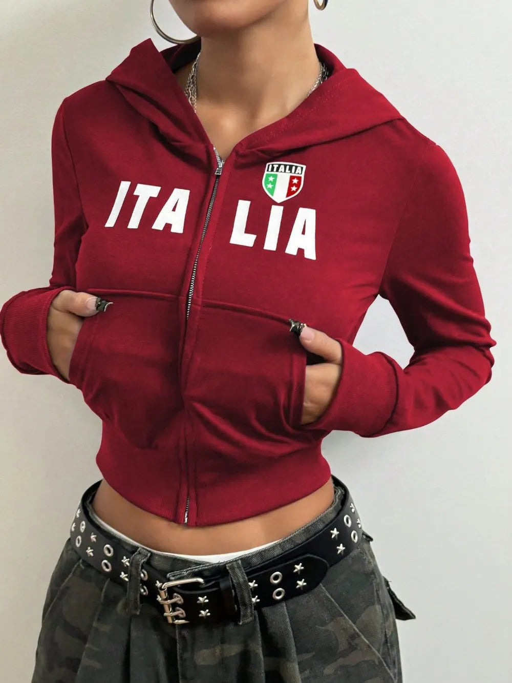 Letter Graphic Zip Up Long Sleeve Hoodie For Women | MuddyStock Originals Deep Red MuddyStock