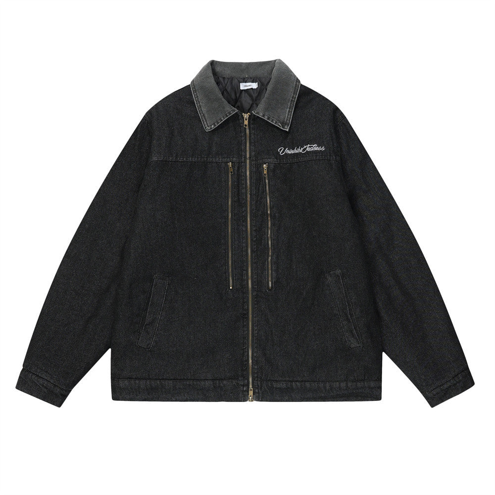 Color Stitching Turnover Neck Denim Jacket For Men And Women Black