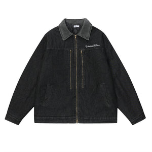Color Stitching Turnover Neck Denim Jacket For Men And Women Black