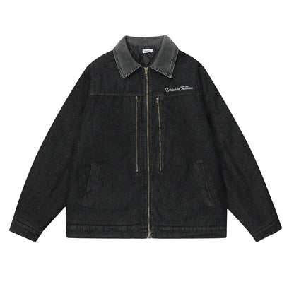 Color Stitching Turnover Neck Denim Jacket For Men And Women Black