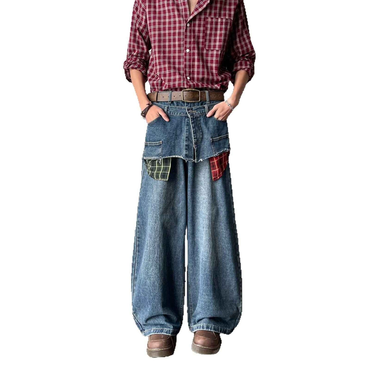 Retro fake two-piece checkered patchwork jeans for men | MuddyStock Originals MuddyStock