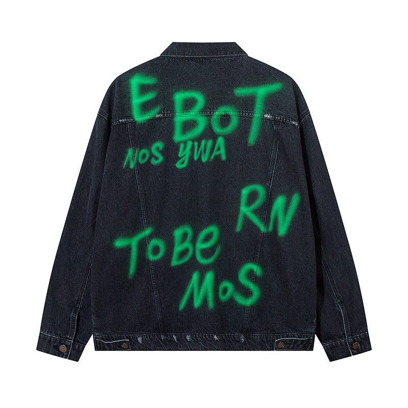 Hip Hop American Letters Inkjet Patterned Denim Jacket For Men And Women
