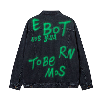 Hip Hop American Letters Inkjet Patterned Denim Jacket For Men And Women