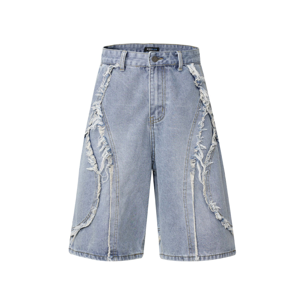 Washed Distressed Patchwork Cat Whisker Denim Shorts Unisex Loose Wide Leg Five-Point Pants Light Blue