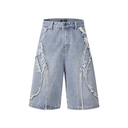 Washed Distressed Patchwork Cat Whisker Denim Shorts Unisex Loose Wide Leg Five-Point Pants Light Blue