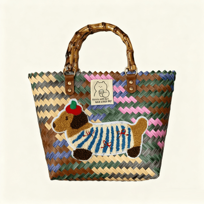 Large capacity sausage dog hand woven cabbage basket bag Bamboo Joint - Six-Color Colorful Dog