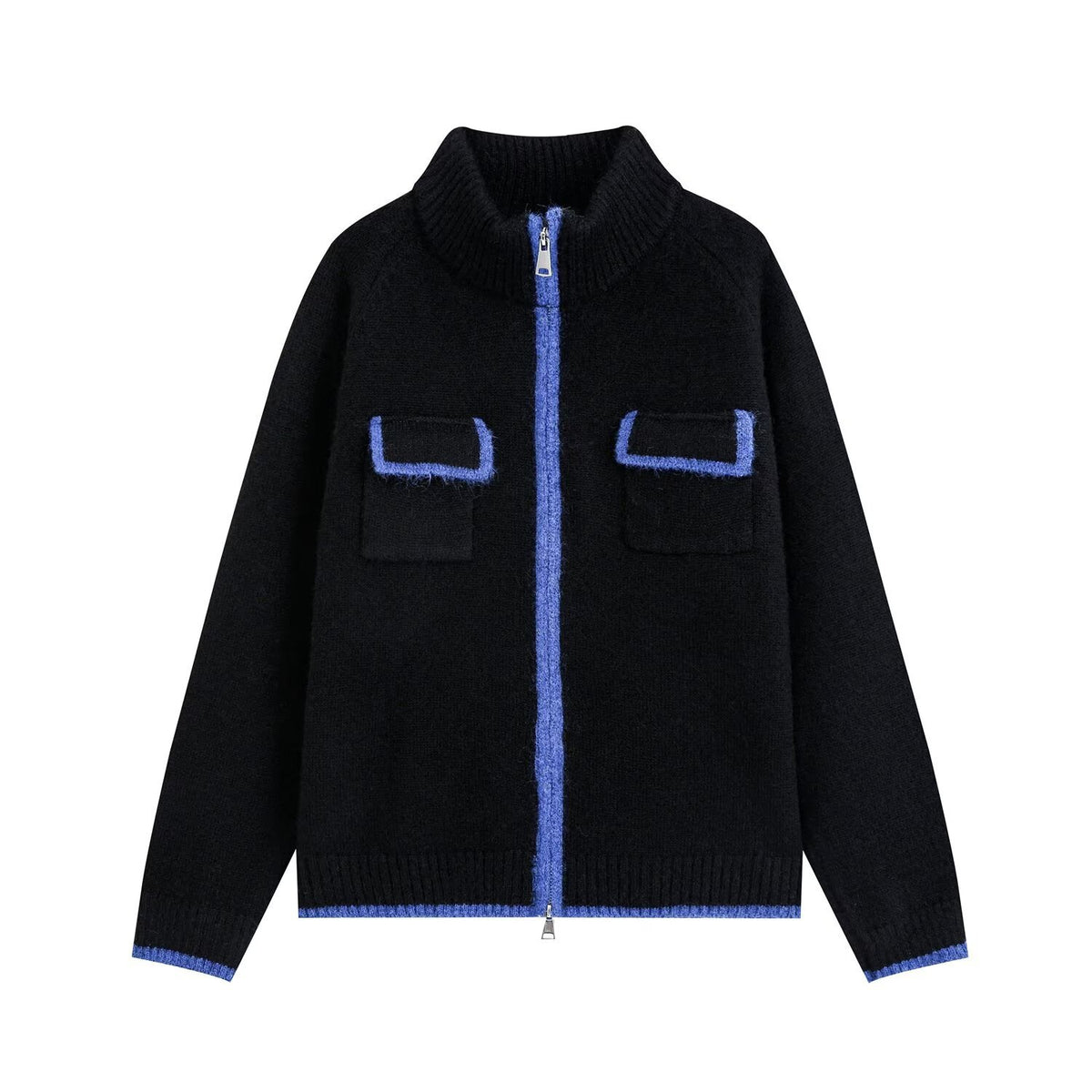 Relaxed Knit Zipper Stand Collar Cropped Color Block Cardigan Jacket Black