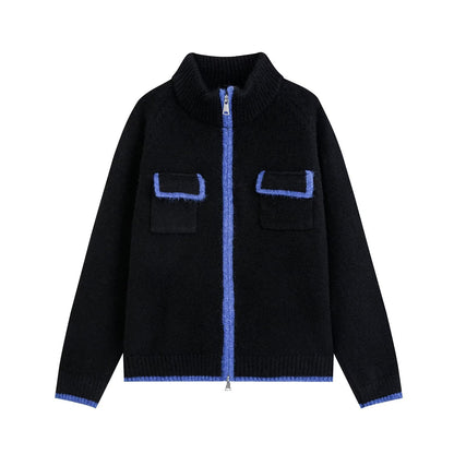 Relaxed Knit Zipper Stand Collar Cropped Color Block Cardigan Jacket Black