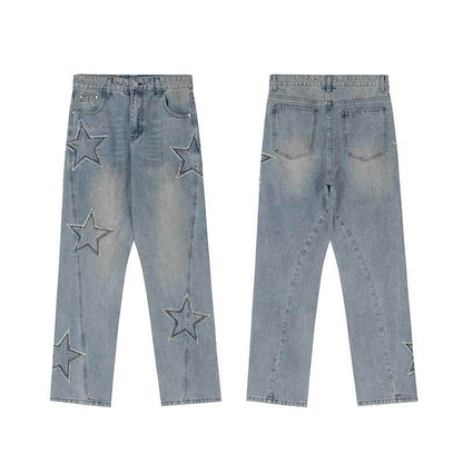 Street Trend Patch Pentagram Cat Whisker Embroidered Jeans Women MuddyStock