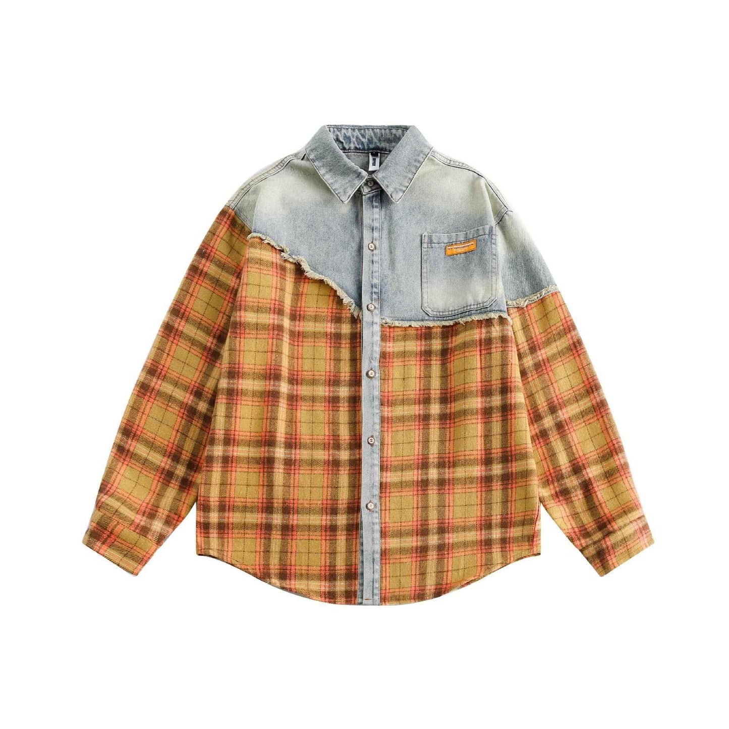 American Retro Loose Stitching Plaid Long Sleeve Shirt For Women Yellow null