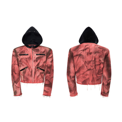 Hand-painted Distressed Hooded Denim Jacket For Men Red All Products