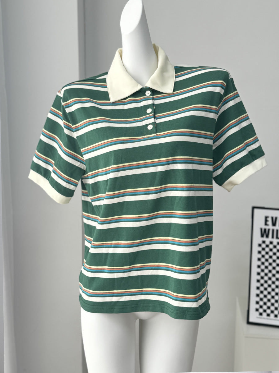 Stripe Polo Loose Fit Short Sleeve T-Shirt for Women | MuddyStock Originals Dark Green MuddyStock