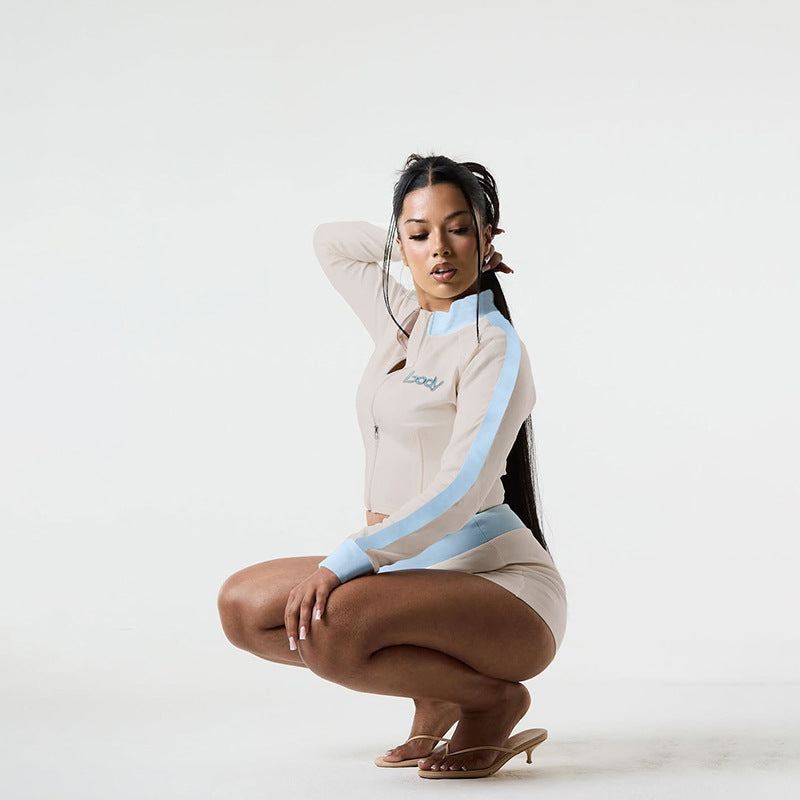 Fashionable Stand Collar Letter Embroidery Zipper Tracksuit Shorts Set for Women Blue eprolo