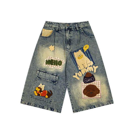 Denim shorts with contrasting colors, polished white, distressed