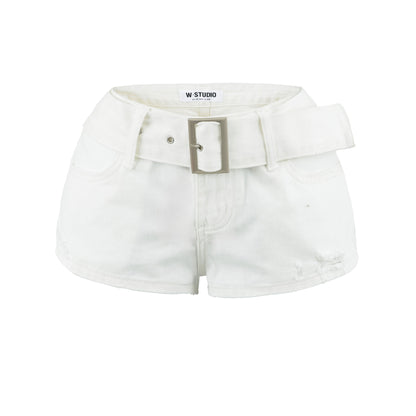 Slimming Waist Belt High-Waisted Loose Denim Ultra-Short Pants for Women | MuddyStock Originals White