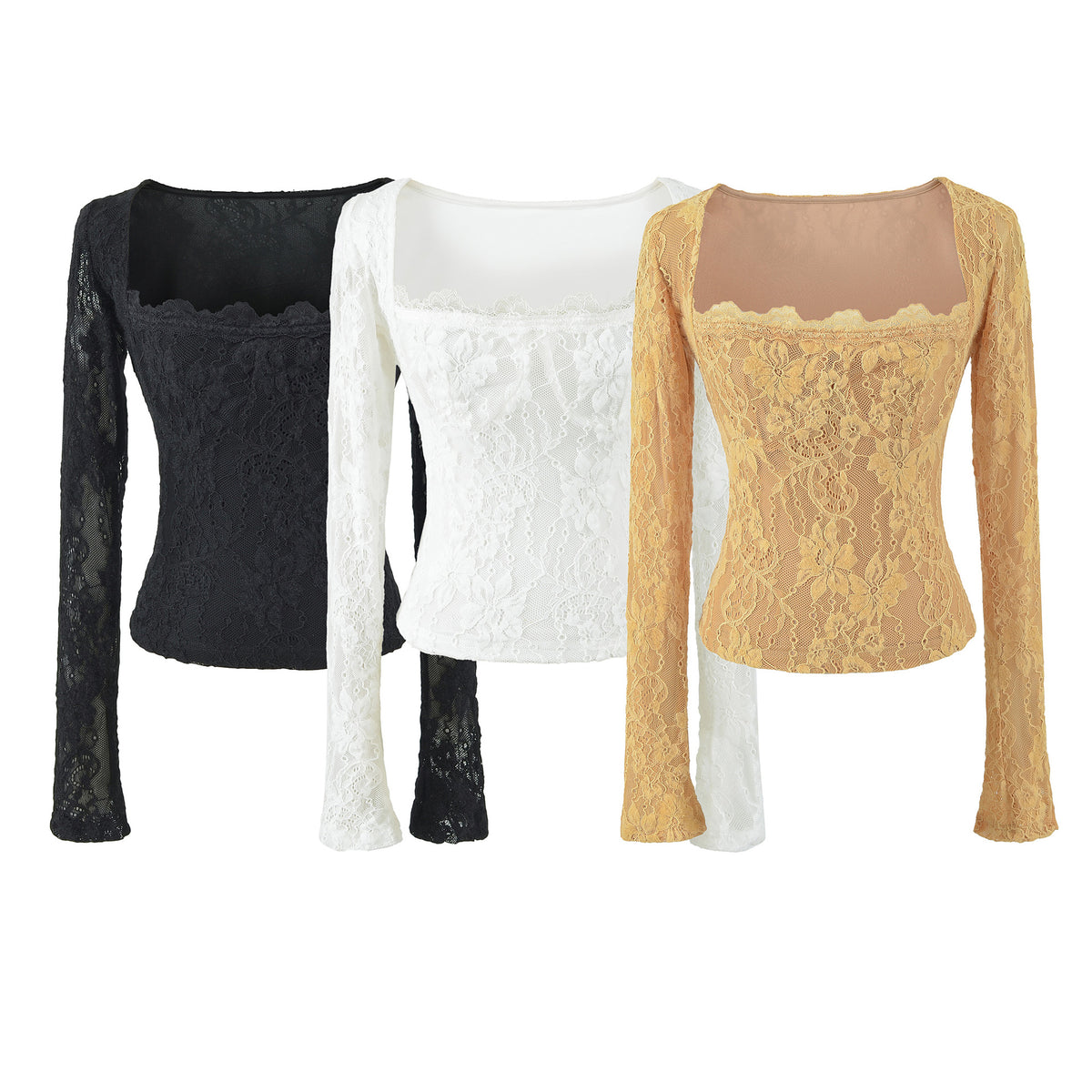 Double-Layer Embossed Long Sleeve Square Neck T-Shirt for Women