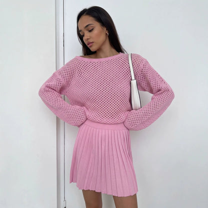 Hollow-out Knit Two-Piece Set Women Relaxed Sweater Pleated Mini Skirt 26119-Pink