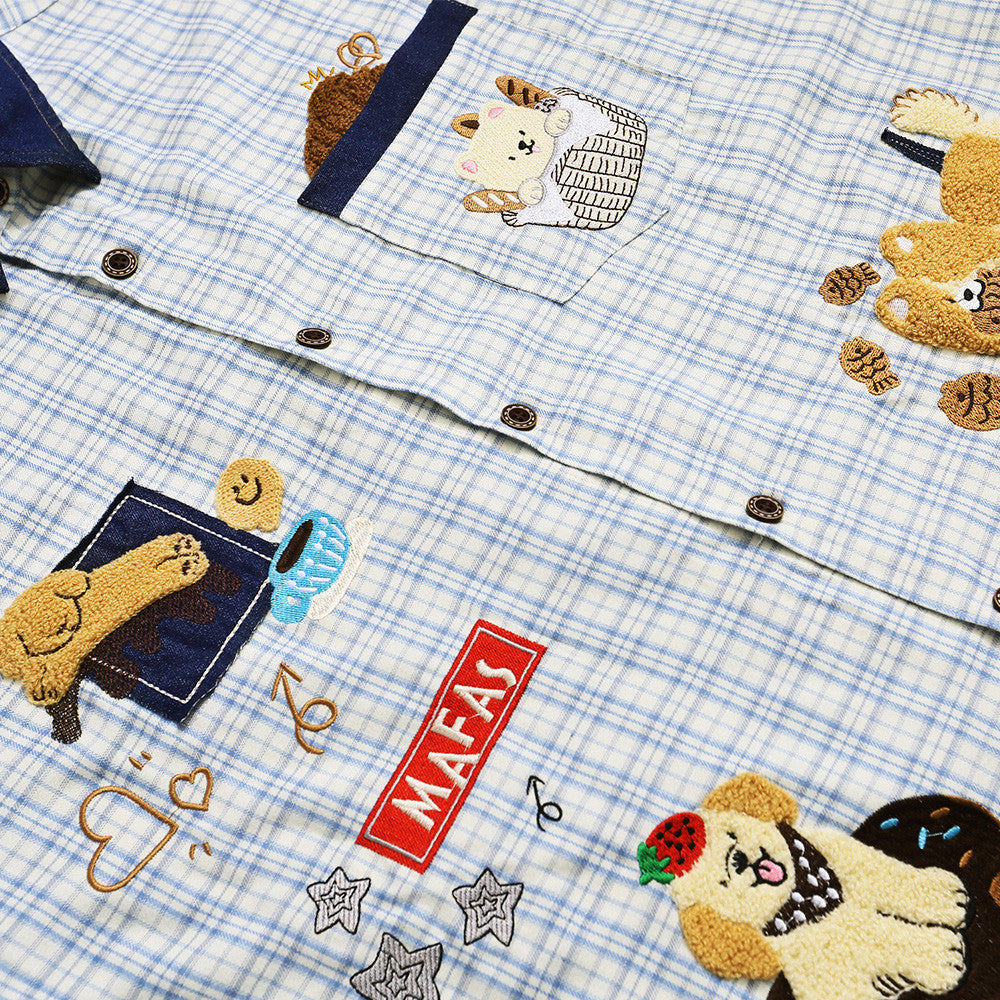 Cartoon embroidery plaid short sleeved shirt