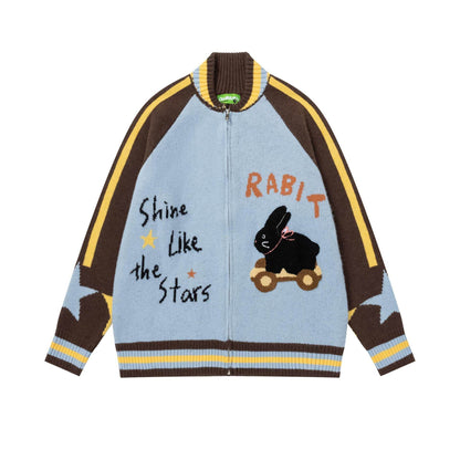 Retro cartoon rabbit letter jacquard knitted loose jacket for men and women | MuddyStock Originals Sky Blue MuddyStock