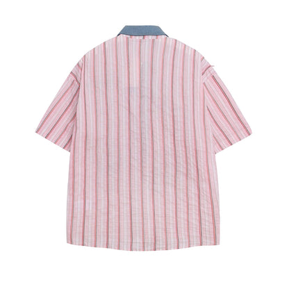 Cartoon Embroidery Patchwork Denim Design Short Sleeve Shirt Unisex Loose Casual Blouse