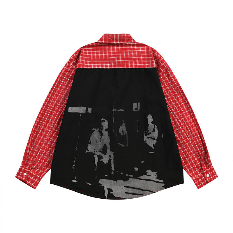 Men's Punk High Street Casual Spliced Color-Block Houndstooth Long Sleeve Lapel Shirt