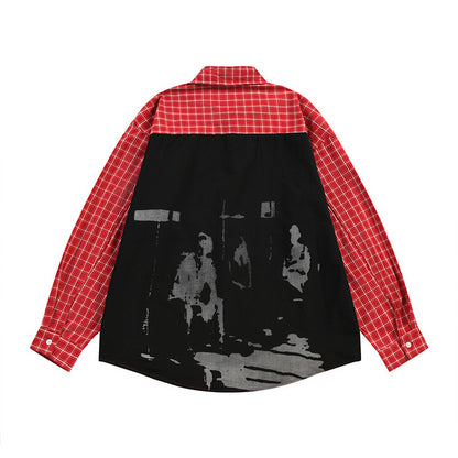 Men's Punk High Street Casual Spliced Color-Block Houndstooth Long Sleeve Lapel Shirt