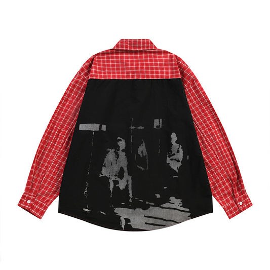 Men's Punk High Street Casual Spliced Color-Block Houndstooth Long Sleeve Lapel Shirt