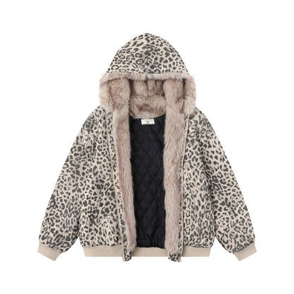 Wool collar hooded leopard print jacket for women | MuddyStock Originals