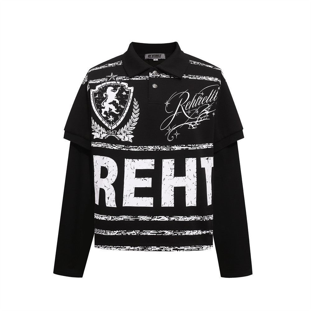 Men's Hip Hop Casual Long Sleeve Polo Collar All Over Print Letters T-Shirt Black