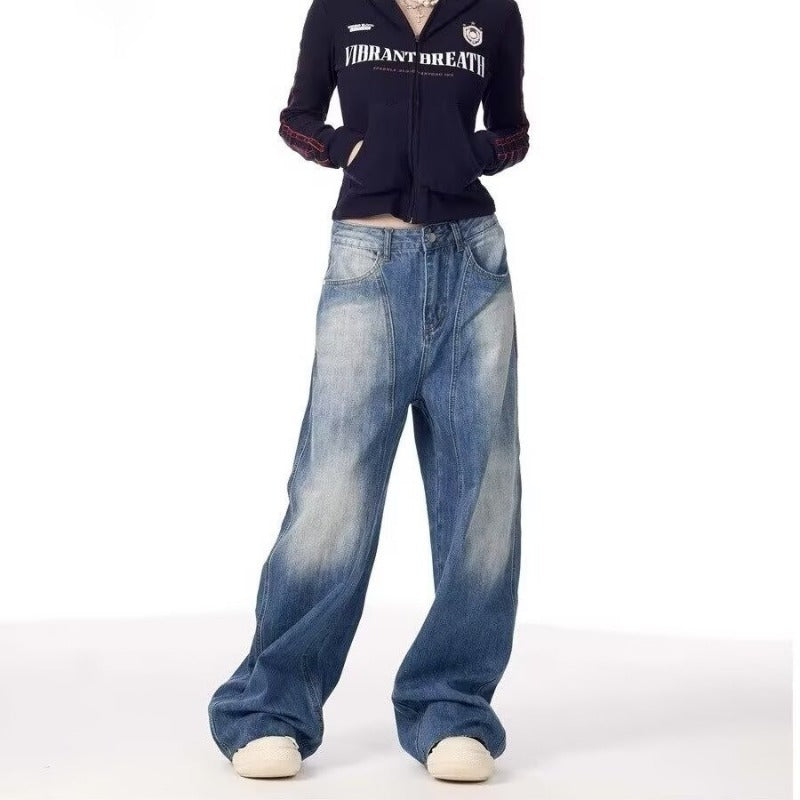 Retro Wide-Leg Relaxed Knife-Style Jeans for Men and Women, High-End Unique Denim Pants, Ice Blue Cool Street Style Long Trousers Blue