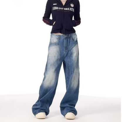 Retro Wide-Leg Relaxed Knife-Style Jeans for Men and Women, High-End Unique Denim Pants, Ice Blue Cool Street Style Long Trousers Blue