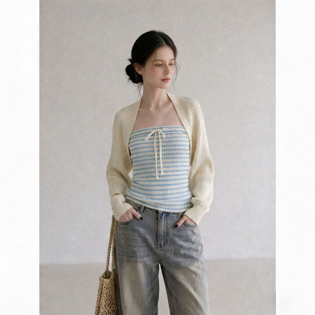 Apricot Knitted Cardigan Jacket with Camisole Set Apricot One Size
