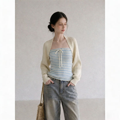 Apricot Knitted Cardigan Jacket with Camisole Set Apricot One Size