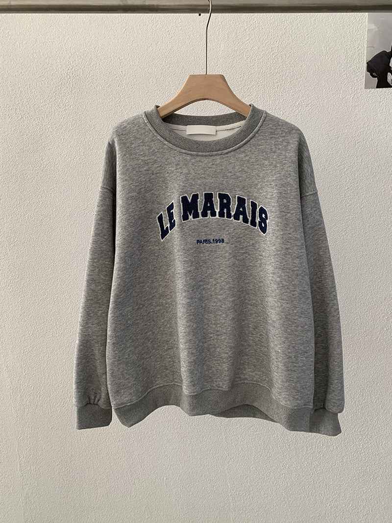 Round Neck Towel Embroidery Letter Fleece Long Sleeve Sweatshirt Loose Warm Hooded Top for Women Floral Gray One Size eprolo