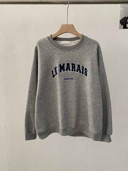 Round Neck Towel Embroidery Letter Fleece Long Sleeve Sweatshirt Loose Warm Hooded Top for Women Floral Gray One Size eprolo