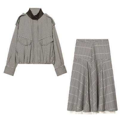 Color blocking collar plaid jacket+half skirt set for women | MuddyStock Originals