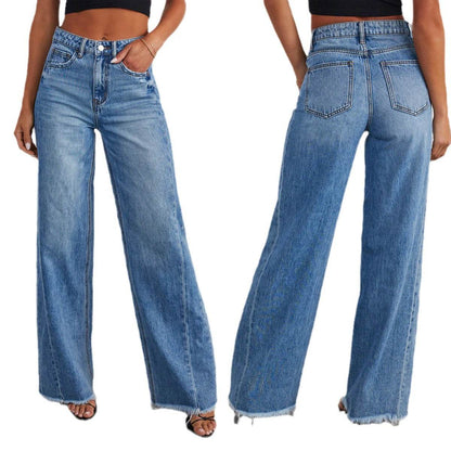 Loose wide leg side seam splicing, brushed hem denim jeans for women | MuddyStock Originals MuddyStock