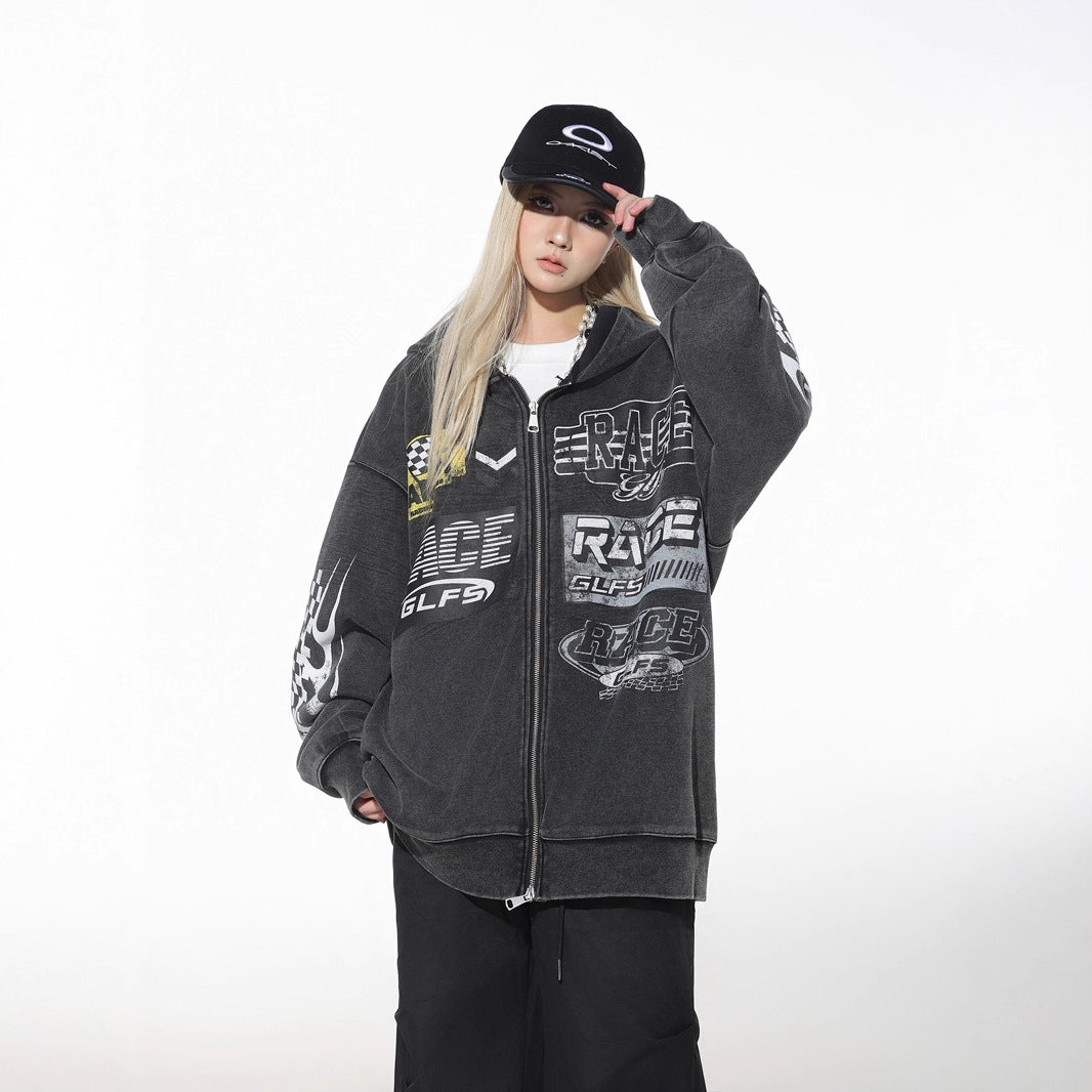 Retro Racing Slogan Washed Zip-Up Hoodie, Unisex Casual Oversized Couple Hooded Sweatshirt Jacket eprolo