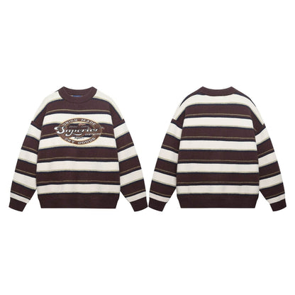 Letter Embroidery Striped Round Neck Sweater For Men | MuddyStock Originals MuddyStock