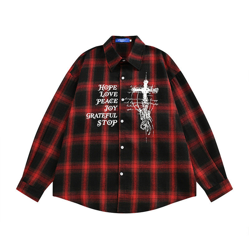 Oversized Plaid Long Sleeve Collared Shirt with Cross and Letter Print Red
