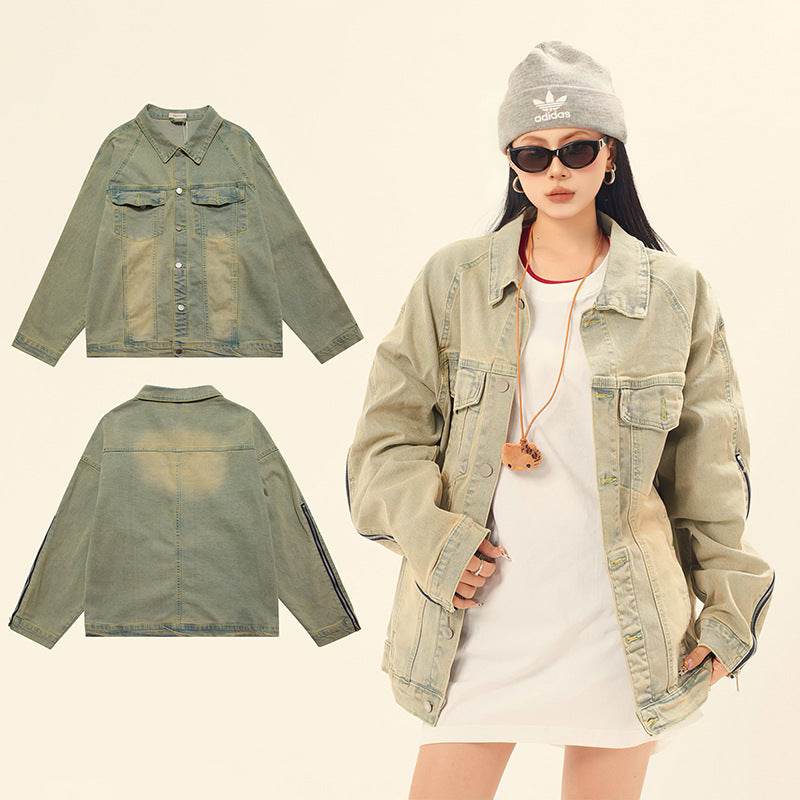 Washed and worn solid color zipper denim jacket for women | MuddyStock Originals MuddyStock